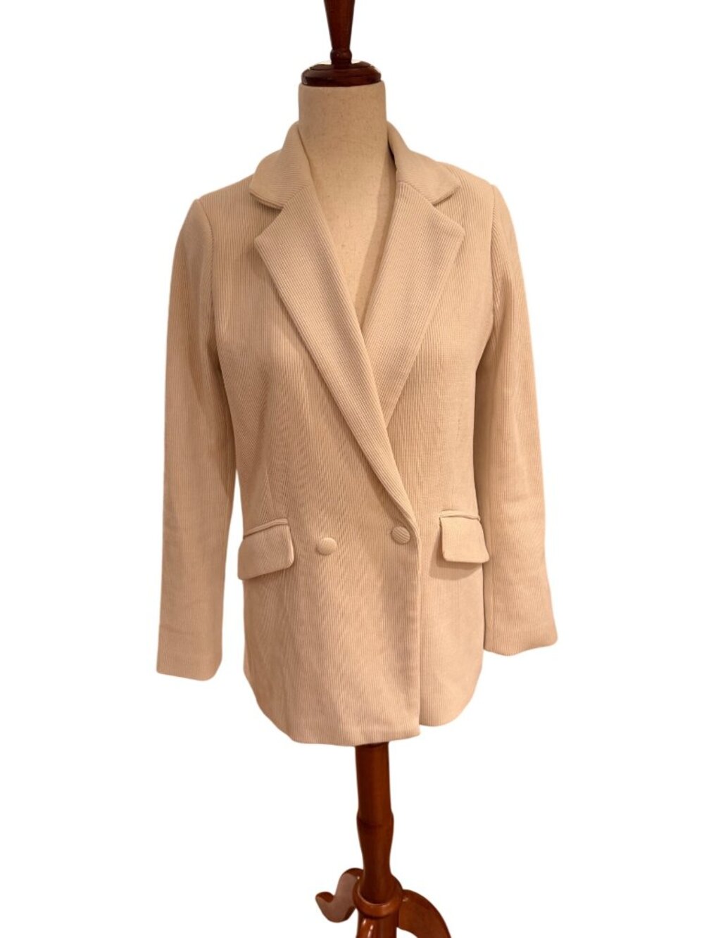 Molly Bracken Blazer Jacket XS Cream Ribbed Double Breasted Stretch Career Chic